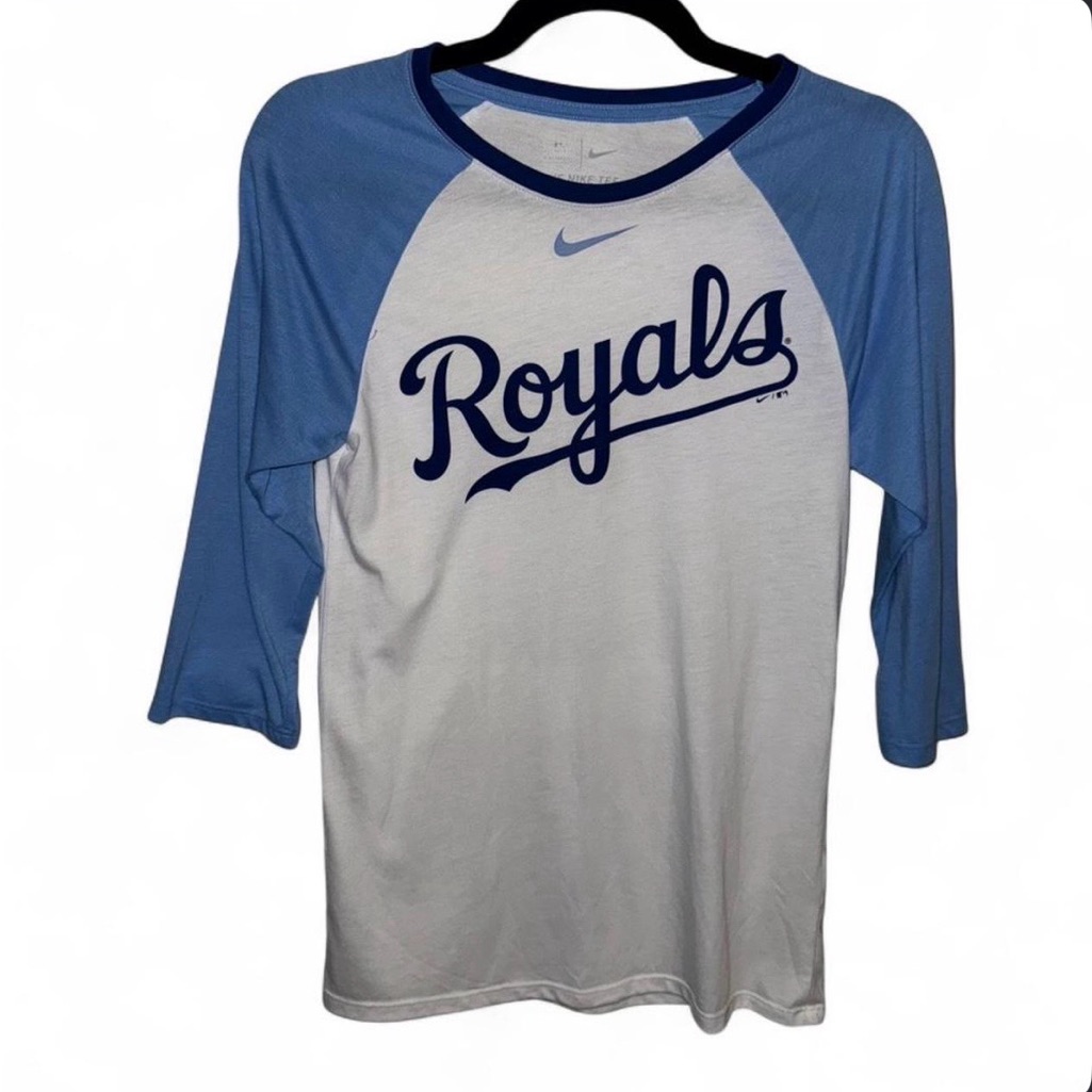 Nike White & Light Blue Raglan 'Royals' Baseball Tee